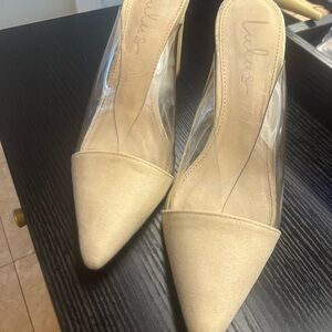 Lulu's Beige Pointed-Toe Pumps with Clear Side Panels